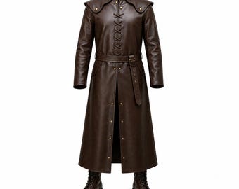 May include: A dark brown long coat featuring a high collar, shoulder capes with brass-toned studs, and a front lace-up closure. The coat includes a matching belt with a buckle at the waist and a long, open-front skirt, paired with dark brown boots.