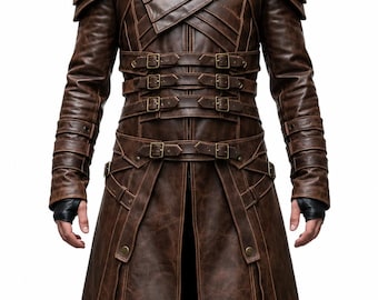 May include: A brown distressed leather coat featuring a high collar, structured shoulder panels, and multiple horizontal straps across the torso secured with brass-toned metal buckles. The long coat includes layered detailing and vertical panels.