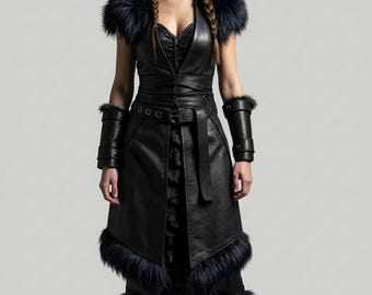 Conjunto de disfraz vikingo de cuero negro para mujer / Falda corsé LARP de doncella escudera / Cosplay de fantasía oscura