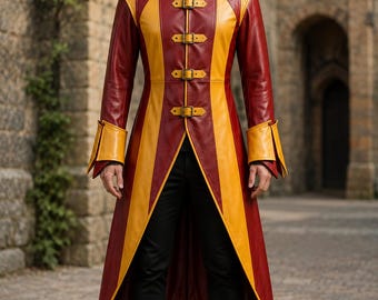 May include: A long coat featuring alternating vertical panels of deep red and bright yellow. The garment has a high standing collar, flared cuffs, and a front closure secured by four horizontal straps with metal buckles over black trousers.