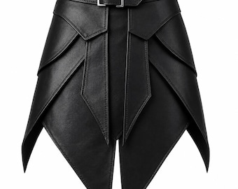 May include: A black skirt featuring a structured design with layered, pointed panels that create a sharp, angular silhouette. The garment includes a high waistband with a central silver-toned metal buckle closure and visible stitching along the edges.