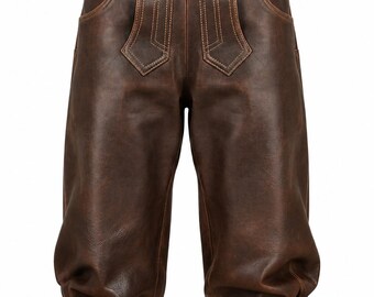 May include: Dark brown leather breeches featuring a high waistband with four brass-colored buttons, decorative stitching on the front panels, side pockets, and adjustable buckled straps at the hem of each leg for a gathered, tapered fit.
