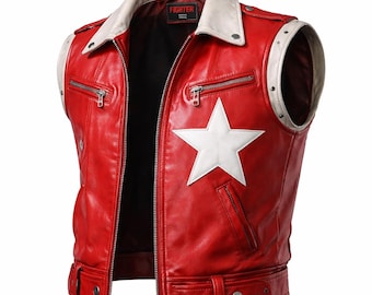 May include: Red leather vest with a white star on the front. The vest has a white collar and shoulder accents, with silver zippers and studs. The word "FIGHTER" is visible on the collar.