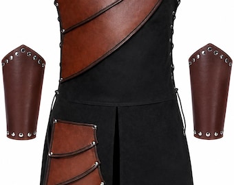 May include: A black sleeveless tunic featuring layered brown panels on the chest and hip, secured with silver-toned rivets. The set includes two matching brown forearm guards, each adorned with a row of silver-toned rivets along the top and bottom edges.
