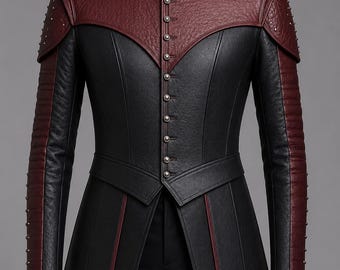 May include: A structured jacket featuring a high collar, crafted from black and deep red textured material. The design includes a button-front closure, shoulder epaulets with small studs, and long sleeves with quilted red panels and black trim.