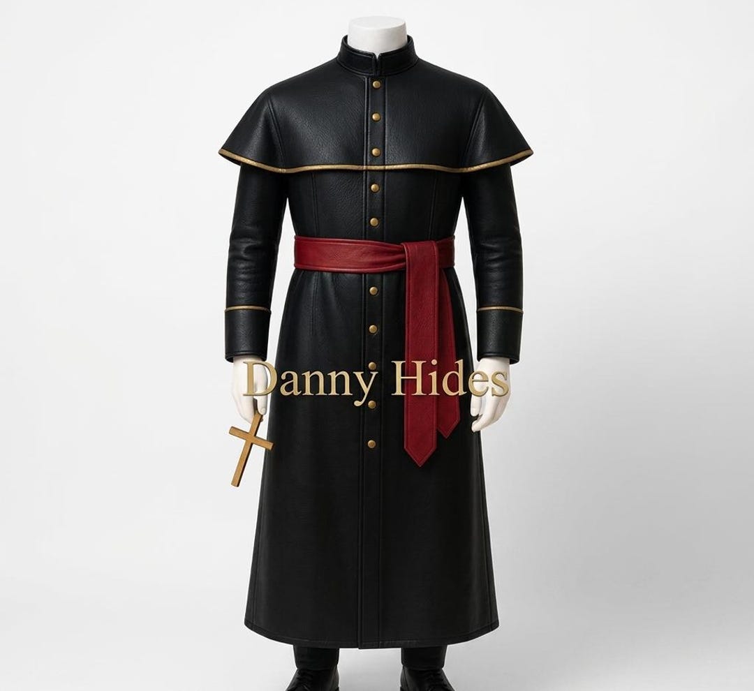 Priest Leather Robe Costume – Black Clergy Cassock With Red Sash ...