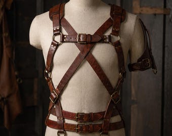 May include: A brown leather chest harness featuring multiple adjustable straps, brass-toned metal buckles, and circular rings. The harness includes a shoulder strap attachment and two horizontal waist belts, all secured with rivets on a mannequin torso.