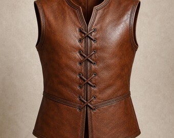 May include: A brown leather vest featuring a sleeveless design, a high collar with a V-shaped neckline, and a front closure secured by thin leather laces threaded through metal eyelets. The garment includes a horizontal seam across the waist.