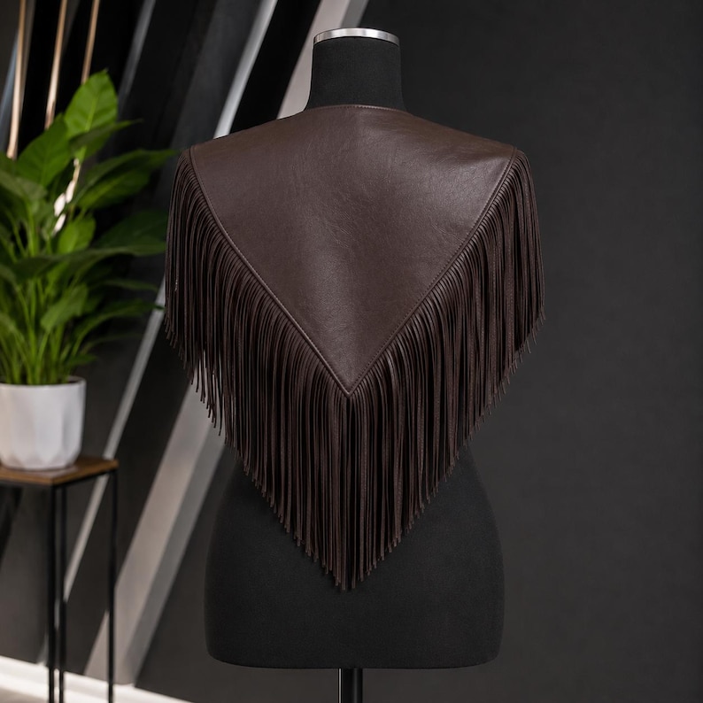 Handmade Leather Fringe Cape | Western Shoulder Cape | Boho Festival Shawl | Genuine Poncho image 3