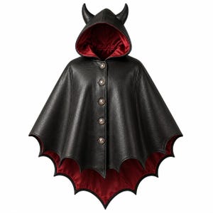 May include: A black hooded cape featuring a red interior lining and a scalloped hemline resembling bat wings. The hood includes two pointed horns at the top. The front closure consists of four metallic buttons arranged in a vertical line.