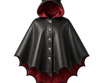 May include: A black hooded cape featuring a red interior lining and a scalloped hemline resembling bat wings. The hood includes two pointed horns at the top. The front closure consists of four metallic buttons arranged in a vertical line.
