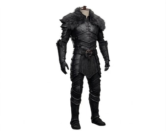 May include: A full black medieval armor set with a faux fur collar. The armor includes a chest plate, shoulder guards, arm and leg protection, and a belt with a circular buckle. The outfit is displayed on a mannequin.
