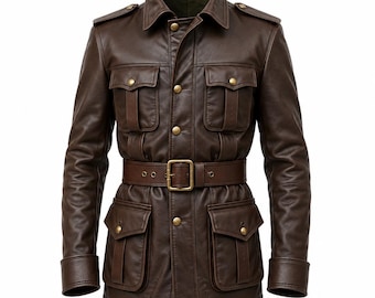 May include: A dark brown leather jacket featuring a structured collar, shoulder epaulets, and a front button closure. The jacket includes four large flap pockets on the front, long sleeves with cuffs, and a matching leather belt with a brass buckle.