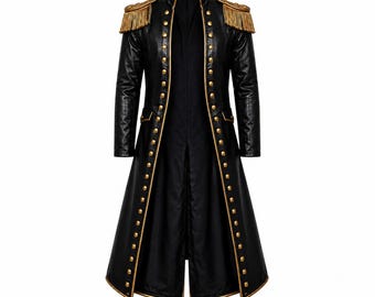 May include: A black long coat featuring gold-toned buttons lining the front opening and collar. The coat includes shoulder epaulets with gold fringe detailing, a high collar, and a structured silhouette that extends to the mid-thigh or knee area.