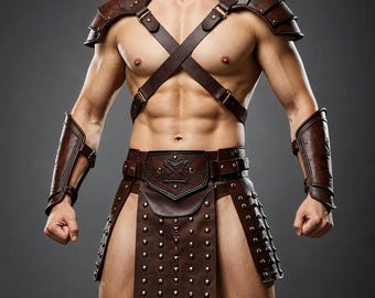May include: A dark brown leather armor set consisting of layered shoulder pauldrons, a chest harness with crisscross straps, forearm bracers, and a waist belt with a central plate and a hanging apron panel, all featuring metallic studs and buckles.