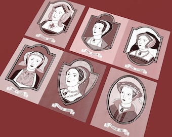 May include: Six illustrated portraits of the six wives of King Henry VIII. Each portrait is framed in a decorative border and features the name of the wife below the portrait. The portraits are on a pink background.