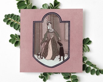 May include: A vintage illustration of a woman in a long dress with two dogs. The woman is holding a leash and walking with the dogs. The illustration is in a pink frame with a white background.