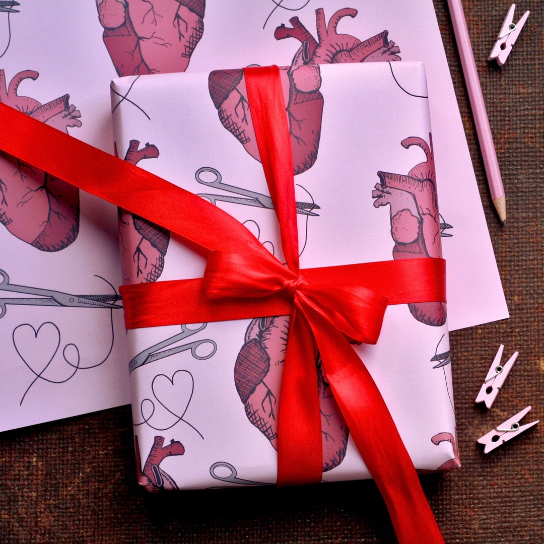 Valentines Day Wrapping Paper,7 Sheets 7 Design Red White Pink Heart Gift  Wrap Paper Set,Funny Love Wrapping Paper With 3-Color Ribbon For Adult Men
