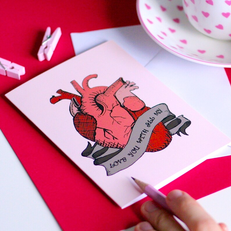 Anatomical Heart Valentine's Card Funny Valentine's Card Valentine Day Gift For Him Valentines Card Love You With All My Heart image 2