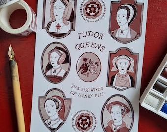 May include: A set of six illustrated stickers featuring the six wives of Henry VIII. Each sticker is in a red frame with a white background and features a portrait of a woman in a Tudor-era dress. The stickers are arranged in a grid pattern with the text "Tudor Queens" and "The Six Wives of Henry VIII" at the top.
