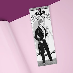 May include: Black and white bookmark featuring a man in a tuxedo holding a rose, with a skeleton behind him. The bookmark has a decorative floral design at the top.