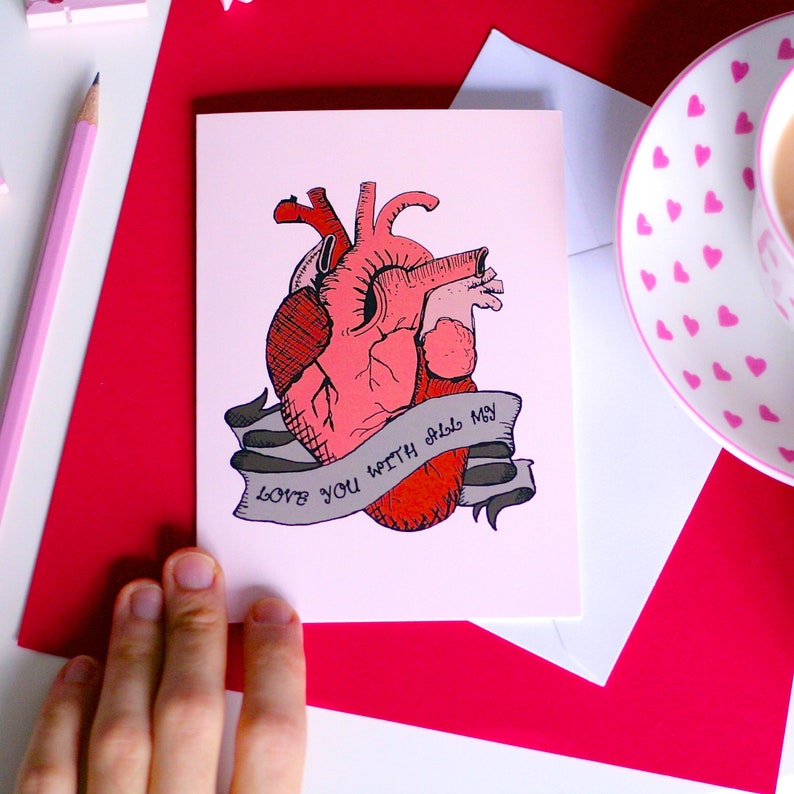 Anatomical Heart Valentine's Card Funny Valentine's Card Valentine Day Gift For Him Valentines Card Love You With All My Heart image 3