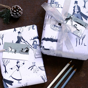 Victorian Ice Skating Christmas Wrapping Paper Gift Set