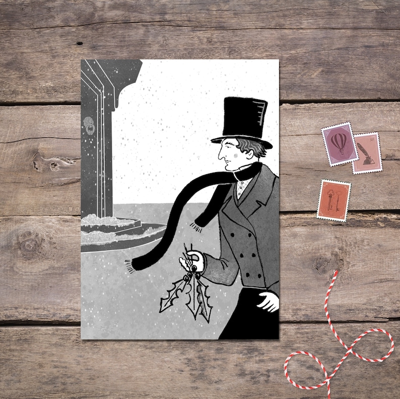 Ebenezer Scrooge zwarte inkt briefkaart afbeelding 1