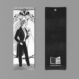 May include: Black and white bookmark featuring a man in a suit standing in front of a mirror with a skeleton reflection. The bookmark has a decorative border and the text "LAURA CROW BOOKMARKS BY" at the bottom.