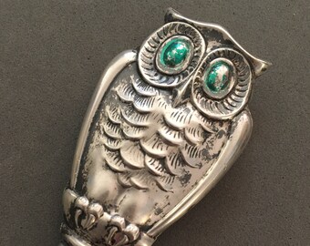 Vintage Gorham Owl Bottle Opener, Sterling Silver, Green Enamel Eyes