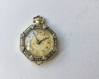 SALE LeCloutre, Blancpain Fils 14kt Enamel, Diamonds, Ladies Lapel Watch, Initials EGT, 17 Jewels, Swiss, Pendant, Chatelaine