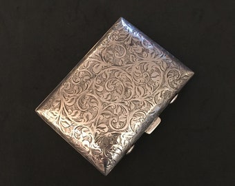 Edwardian Cigarette Case and Compact, Engraved Sterling Silver, England circa 1900