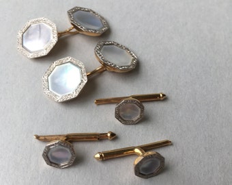 Art Deco LARTER and SONS Men's Studs and Cuff Links, Mother of Pearl, 14kt Yellow Gold, Platinum includes original box