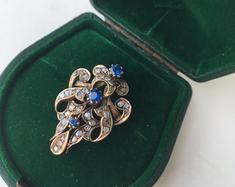 Exceptional Antique Victorian Diamond, Sapphire, Rose Gold Ring, Size 6, Multi Stone