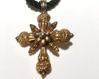 Antique Gold Cross Pendant, Large Double Sided Victorian Engraved 14kt Gold Hollow Cross