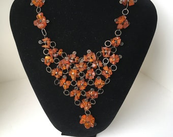 Vintage Carved Amber Flowers Necklace, Ethnic Collar and Amber Coil Bracelet, Tribal, Boho