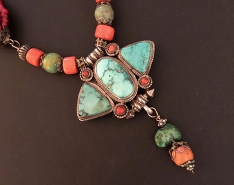 Vintage Ethnic Turquoise, 11 Strand Coral, Silver Pendant Necklace, Tibet, Tribal, Boho