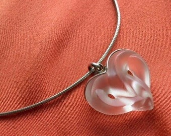 Vintage Lalique Entwined Heart with Original Sterling Necklace, France, Frosted Heart Paris