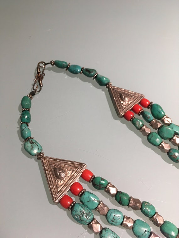 Vintage Tibetan Necklace of Turquoise, Coral, Sil… - image 7