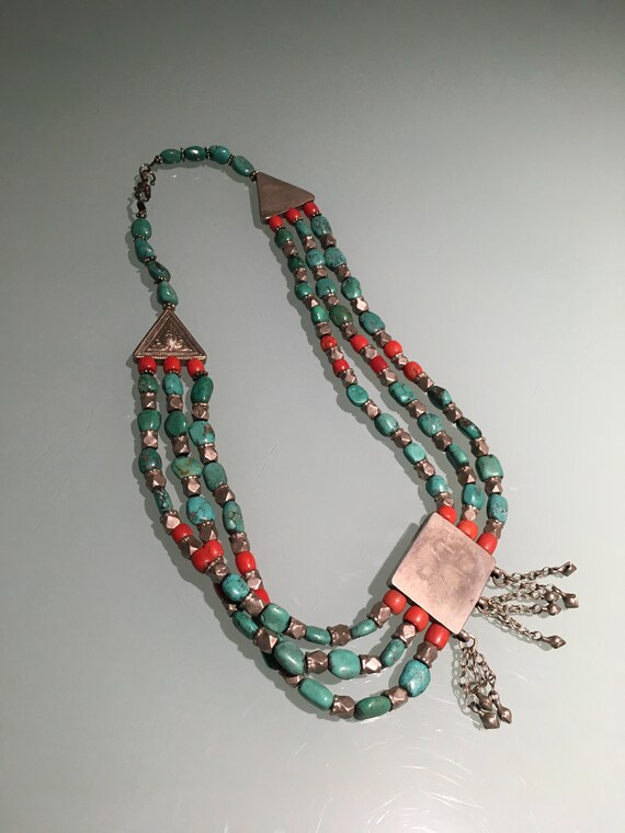Vintage Tibetan Necklace of Turquoise, Coral, Sil… - image 4