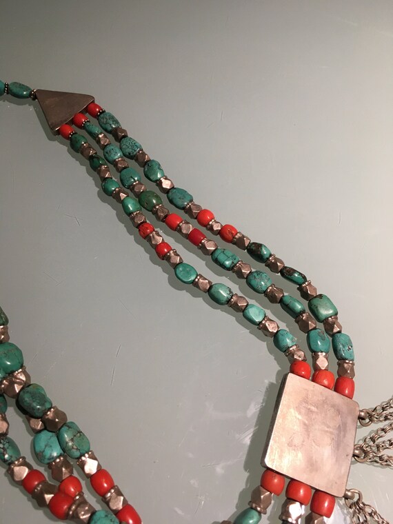 Vintage Tibetan Necklace of Turquoise, Coral, Sil… - image 9