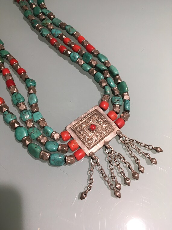Vintage Tibetan Necklace of Turquoise, Coral, Sil… - image 5