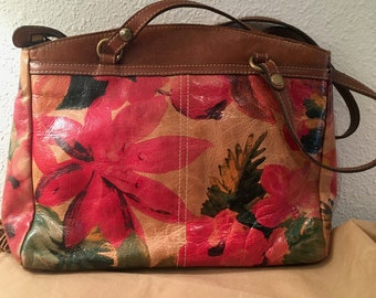 Vintage Patricia Nash Leather Tote Shoulder Bag, Poppy, Bright Red Flowers, Style P53201