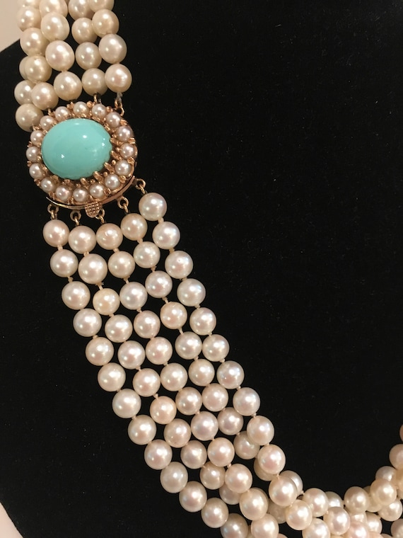 Vintage Pearl Necklace, 14kt Sleeping Beauty Turqu
