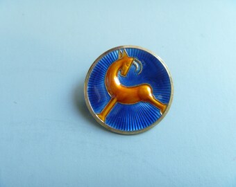 Scandinavian Tostrup AIRES Guilloche Sterling Gazelle Brooch, Norway, Vintage 1930's, Blue Enamel