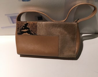 SALE Vintage Kenneth Cole Cowhide Patchwork Handbag, Tan Cowhide and Leather