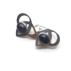 Unusual English Blue Goldstone, Sterling Silver Clip On Earrings, Hallmarked London, 1969, AH, England, Arts & Crafts Revival