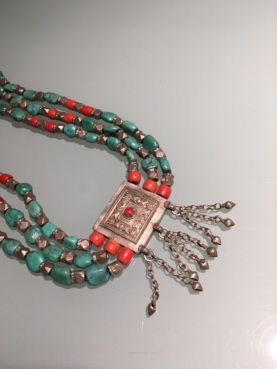 Vintage Tibetan Necklace of Turquoise, Coral, Sil… - image 3