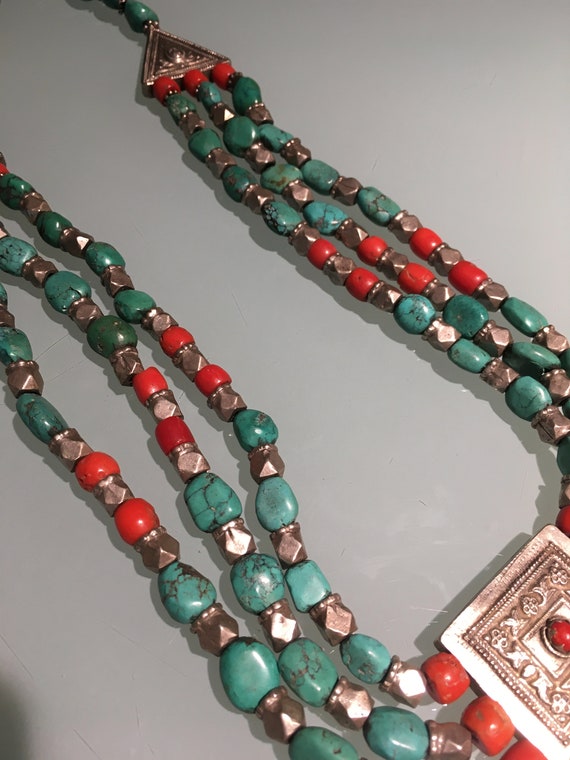 Vintage Tibetan Necklace of Turquoise, Coral, Sil… - image 2