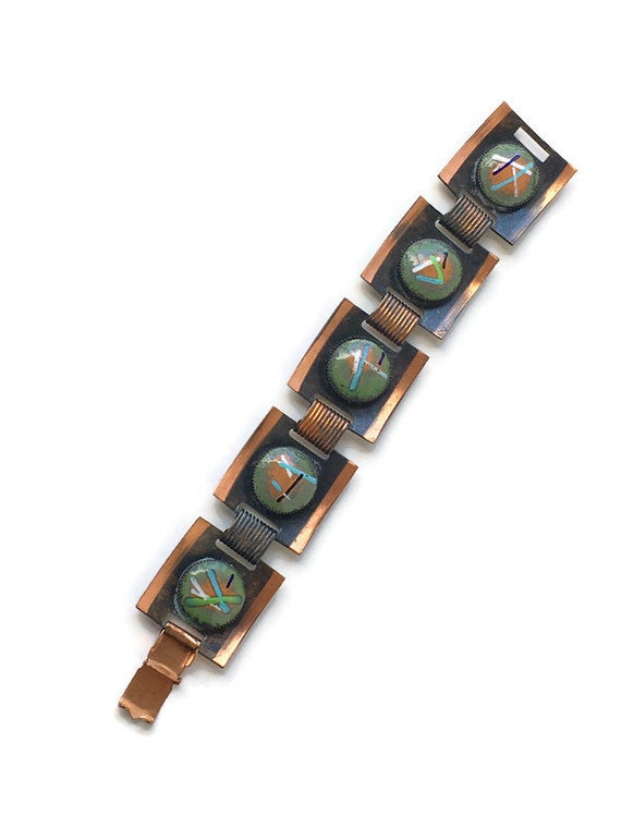 Unique Mid Century Ceramic and Copper Link Bracelet 
